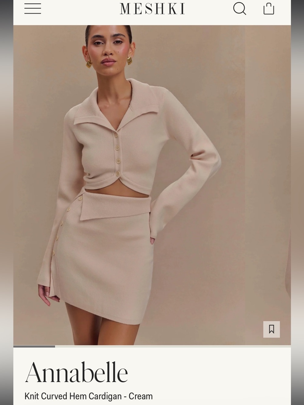 Meshki Cream Ribbed Mini Skirt with Side Button Detail